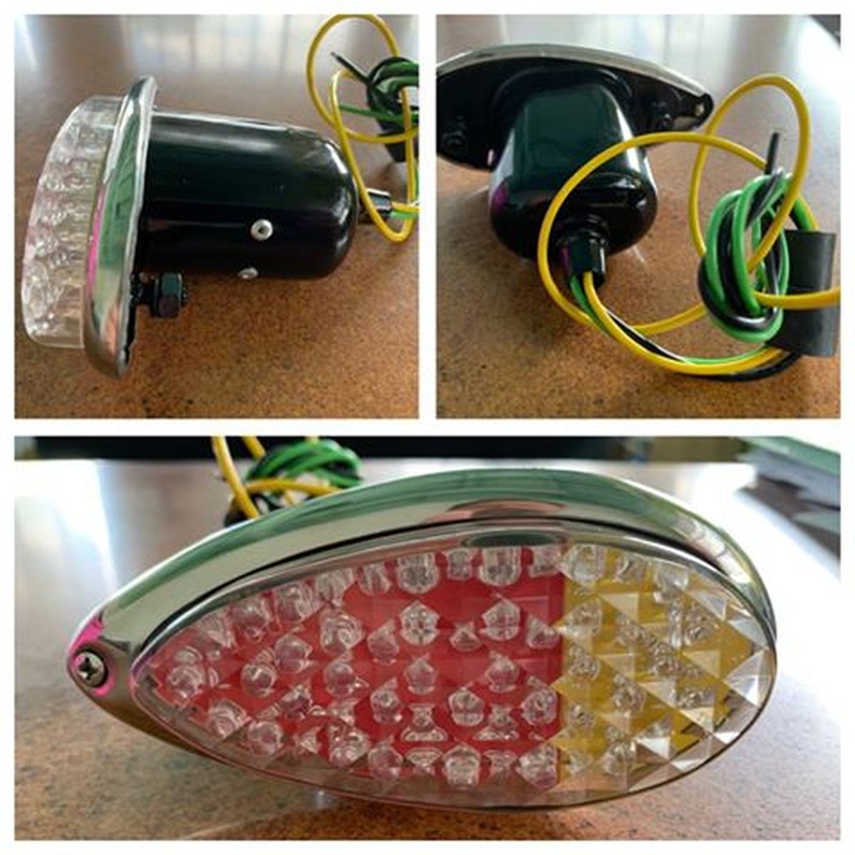 Ford Tail Lights - 1938-1939 Ford LED Tail Light with housing & Stainless Steal rim assembly - Clear Lens With Red & Amber LED